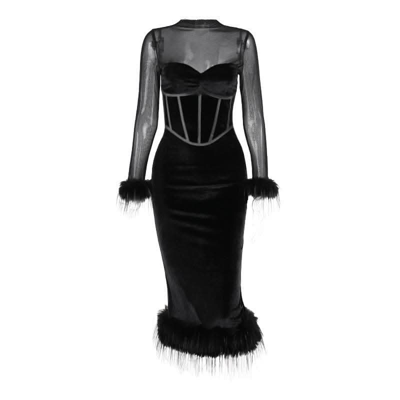 Long sleeve feather velvet mesh patchwork slit high neck midi dress-final-sale  | Festival Outfits Women