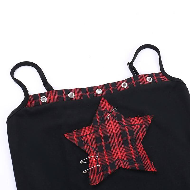 Square neck hollow out star print plaid cami cut out top  | Festival Outfits Women