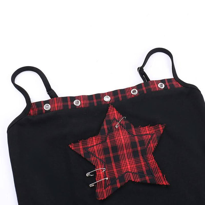 Square neck hollow out star print plaid cami cut out top  | Festival Outfits Women