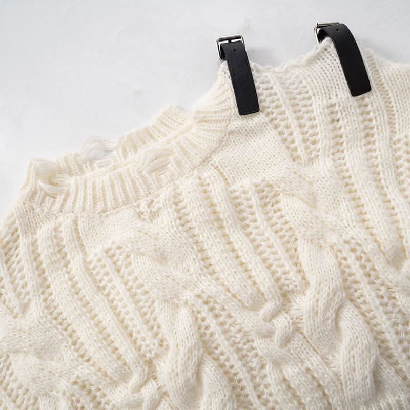 Long sleeve buckle knitted hollow out cut out top  | Festival Outfits Women-final-sale