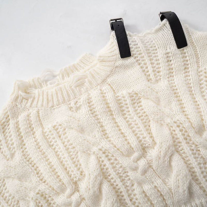 Long sleeve buckle knitted hollow out cut out top  | Festival Outfits Women-final-sale