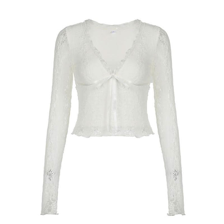 V neck long sleeve lace bowknot top  | Festival Outfits Women-final-sale