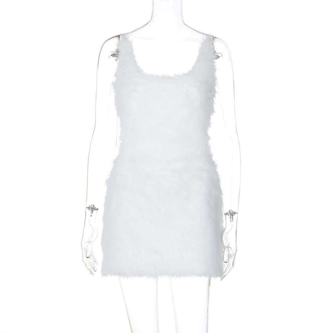 U neck fluffy zip-up backless cami mini dress  | Festival Outfits Women-final-sale