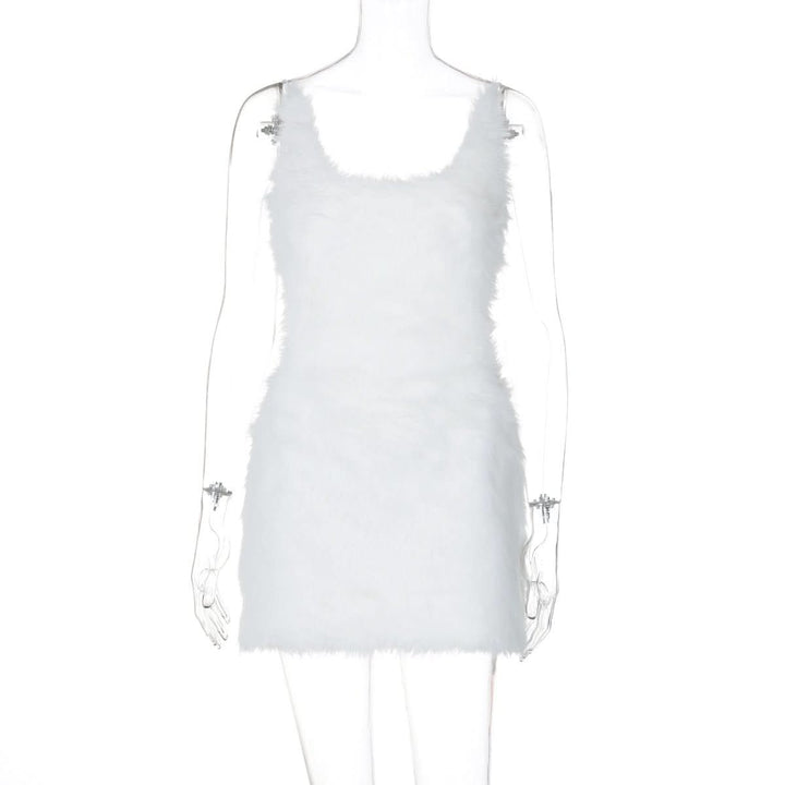 U neck fluffy zip-up backless cami mini dress  | Festival Outfits Women-final-sale