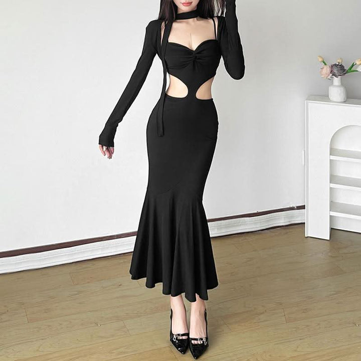 Long sleeve sweetheart neck shrug 2 piece hollow out cut out maxi dress  | Festival Outfits Women
