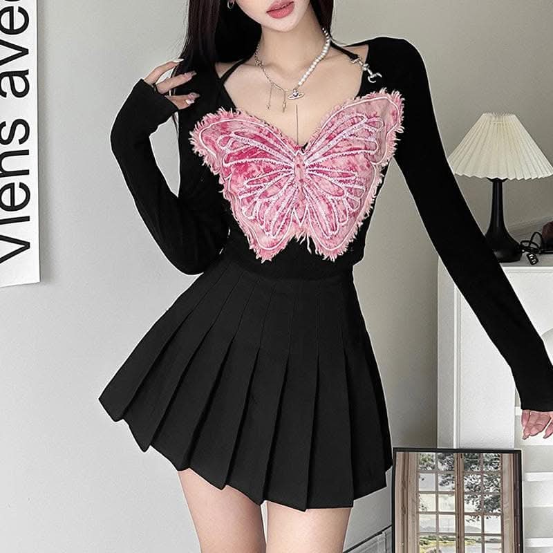 Long sleeve v neck butterfly embroidery halter contrast top-final-sale  | Festival Outfits Women