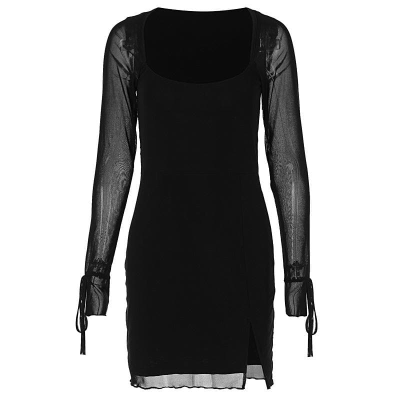 Long sleeve slit mesh square neck mini dress  | Festival Outfits Women