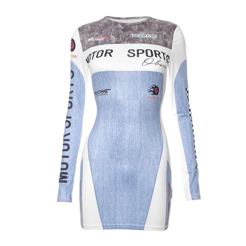 Contrast print long sleeve crewneck mini dress-final-sale  | Festival Outfits Women