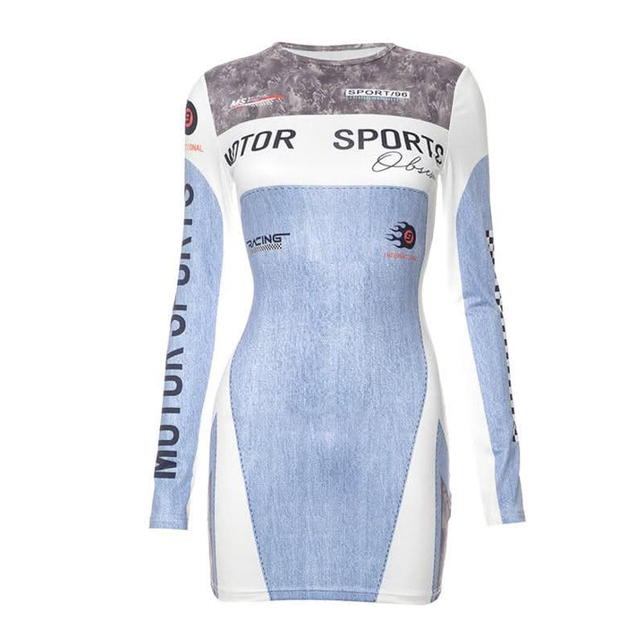 Contrast print long sleeve crewneck mini dress-final-sale  | Festival Outfits Women