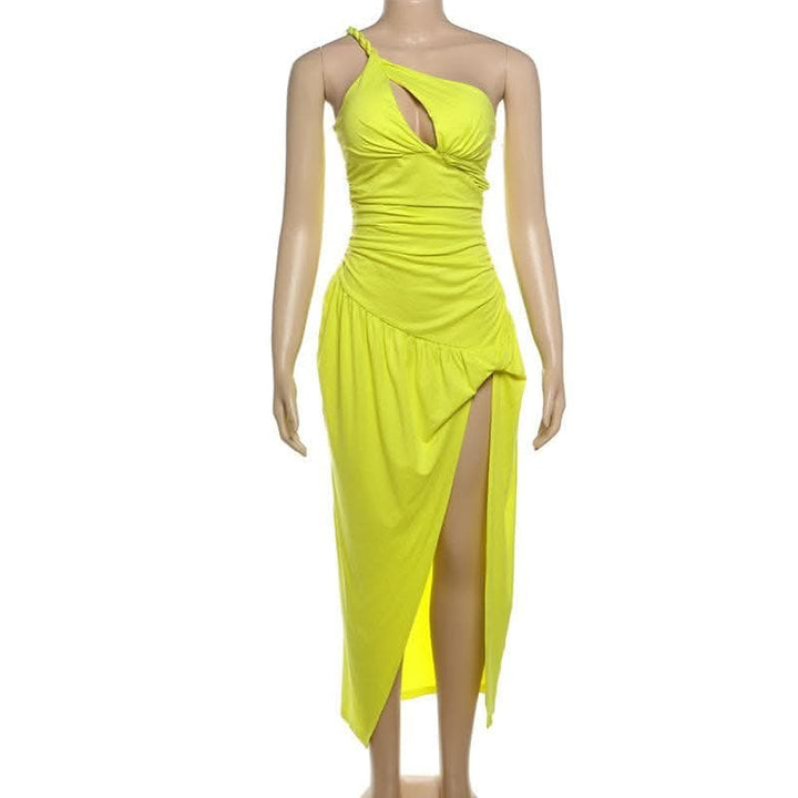 One shoulder slit ruched hollow out cut out midi dress-final-sale  | Festival Outfits Women