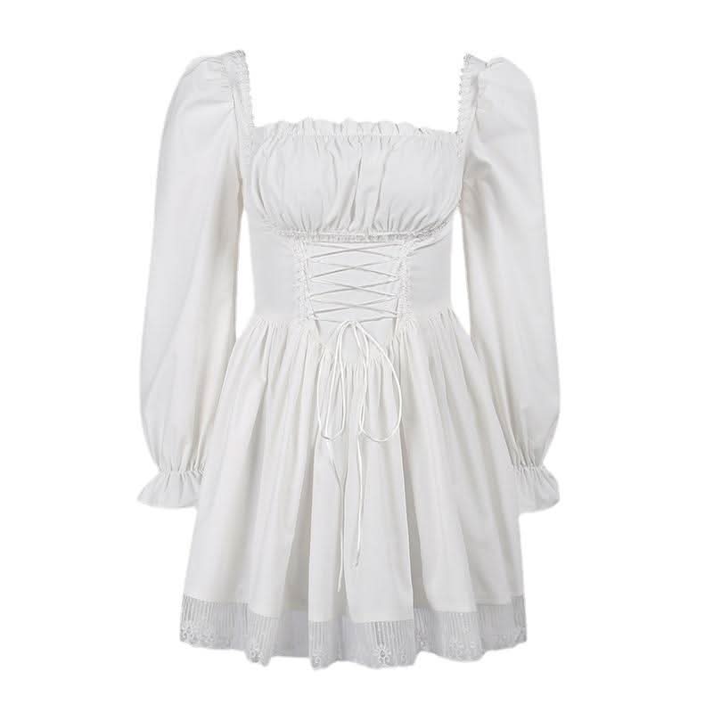 Long sleeve smocked lace up lace hem mini dress  | Festival Outfits Women