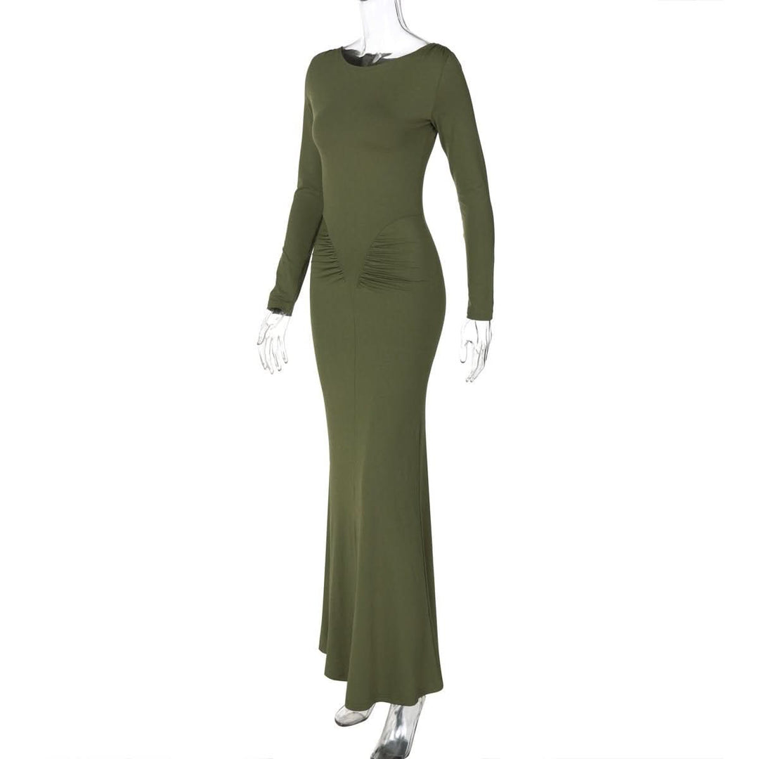 Long sleeve crewneck ruched solid maxi dress  | Festival Outfits Women