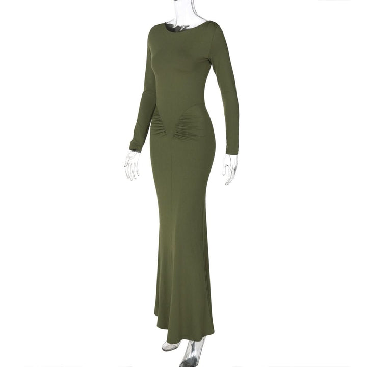 Long sleeve crewneck ruched solid maxi dress  | Festival Outfits Women
