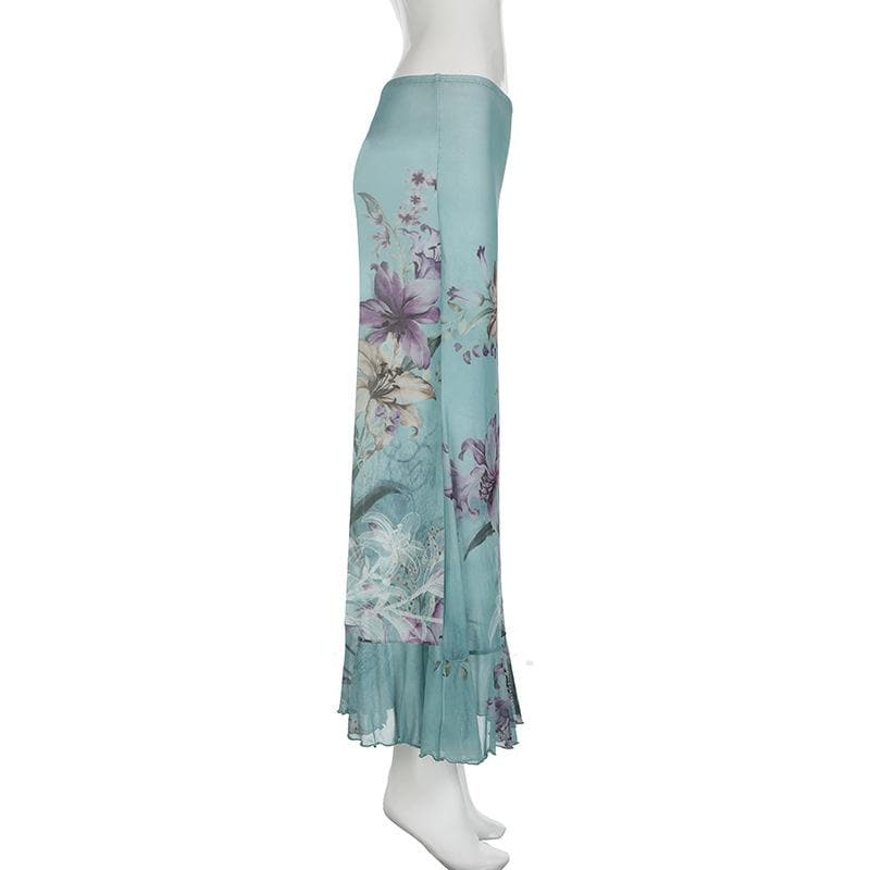 Ruched ruffle cowl neck  flower print mesh maxi skirt set-final-sale
