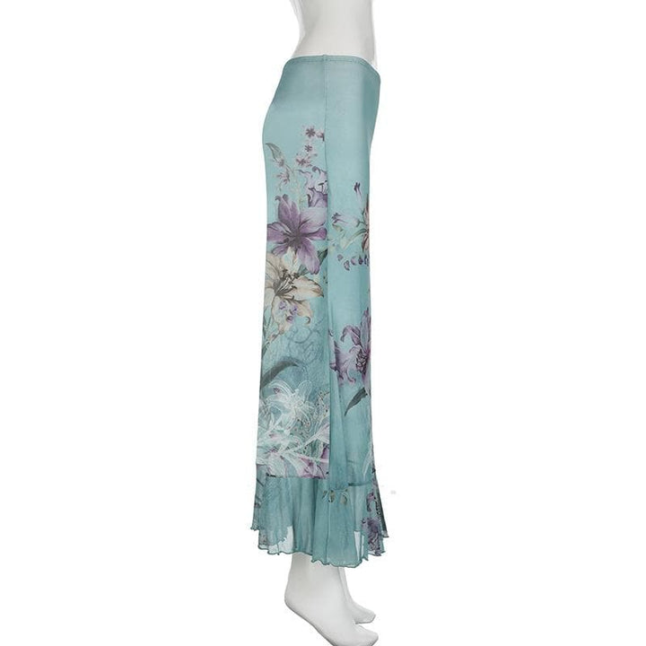 Ruched ruffle cowl neck  flower print mesh maxi skirt set-final-sale