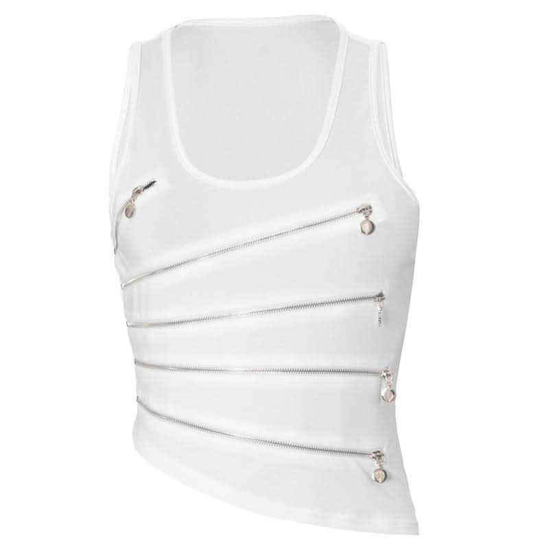 Zip-up hollow out u neck irregular solid cut out top-final-sale