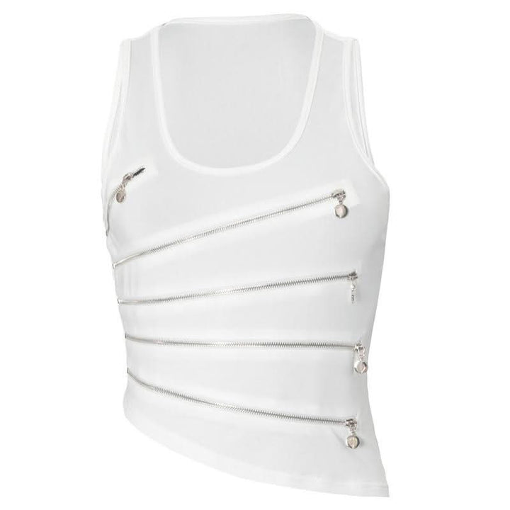 Zip-up hollow out u neck irregular solid cut out top-final-sale
