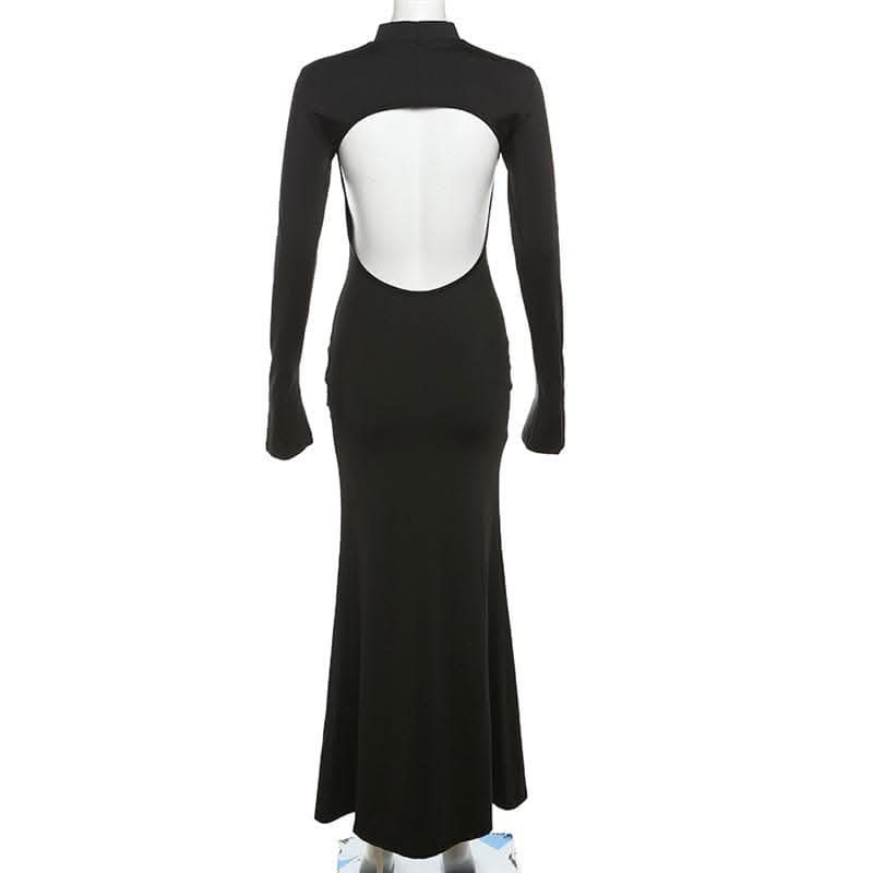 Backless high neck long sleeve solid maxi dress-final-sale  | Festival Outfits Women