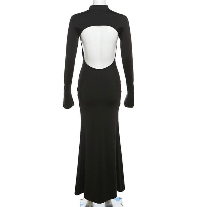 Backless high neck long sleeve solid maxi dress-final-sale  | Festival Outfits Women