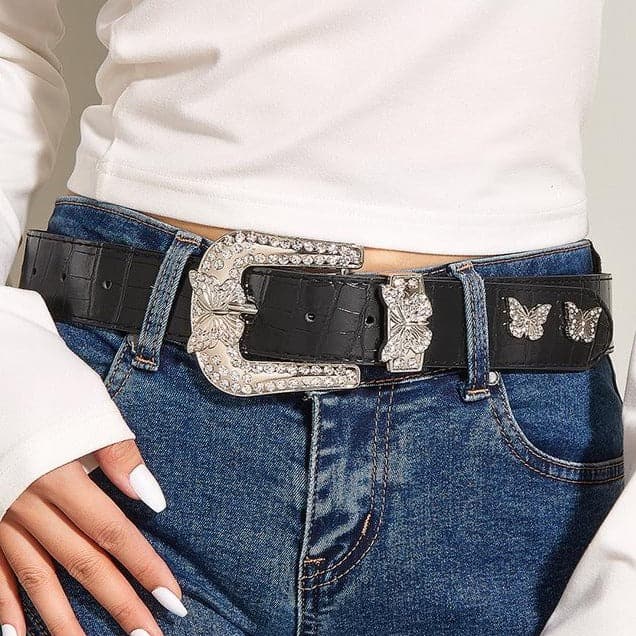 Butterfly rhinestone PU leather belt  | Festival Outfits Women