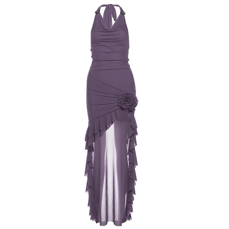 Halter cowl neck flower applique ruffle maxi dress  | Festival Outfits Women