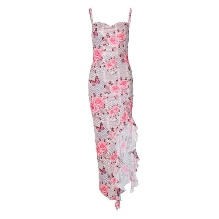 Cowl neck ruffle slit butterfly print cami maxi dress-final-sale  | Festival Outfits Women