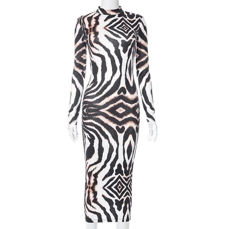 Backless self tie long sleeve tiger print contrast midi dress-final-sale  | Festival Outfits Women