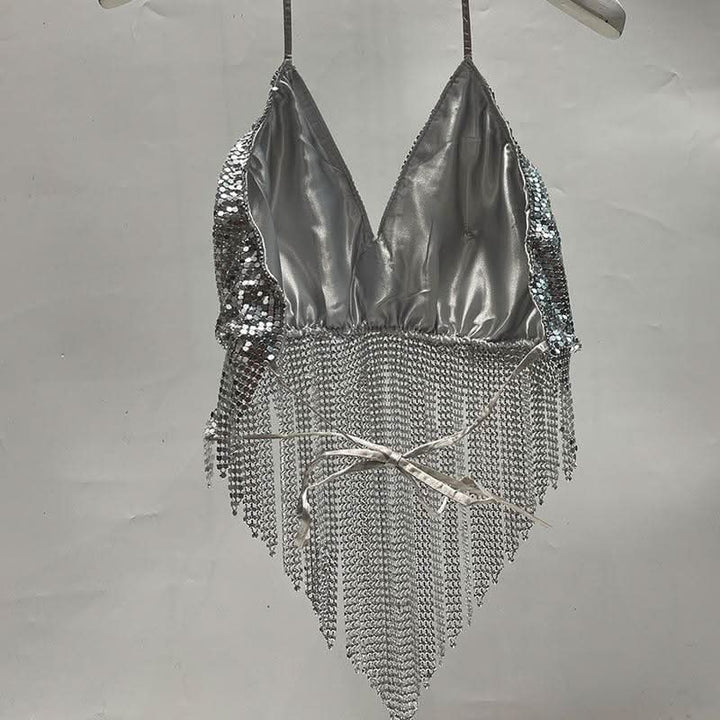 V neck halter self tie tassels glitter top  | Festival Outfits Women