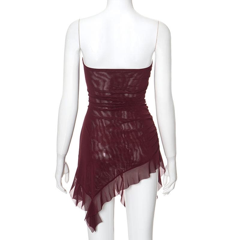 Sheer mesh ruffle ruched tube mini dress-final-sale