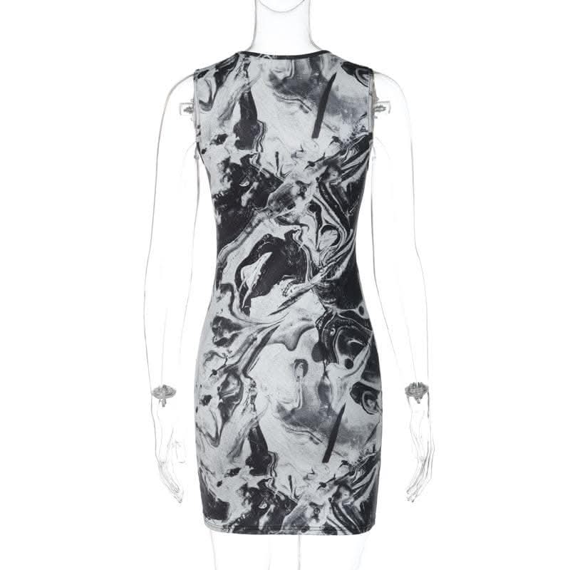 Tie dye contrast sleeveless ruched crewneck mini dress-final-sale