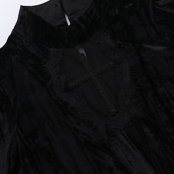 Long flared sleeve self tie velvet cross pattern mini dress  | Festival Outfits Women-final-sale