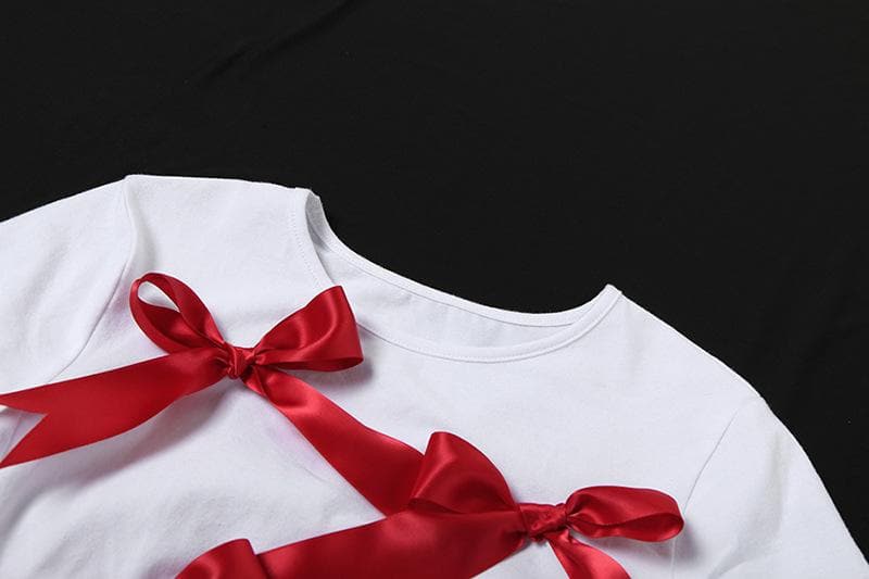 Takalmin ɗaukar kaya na gajeren hannu na bowknot crewneck | Kayan Biki na Mata