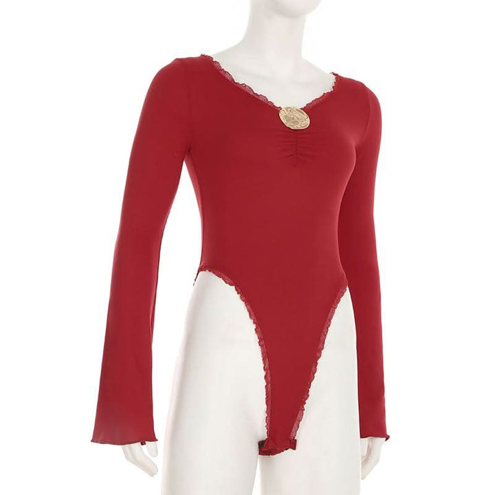 Ruched long sleeve v neck button ruffle bodysuit  | Festival Outfits Women