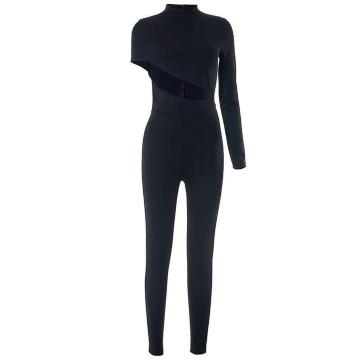 Hollow out irregular long sleeve high neck solid jumpsuit-final-sale  | Festival Outfits Women