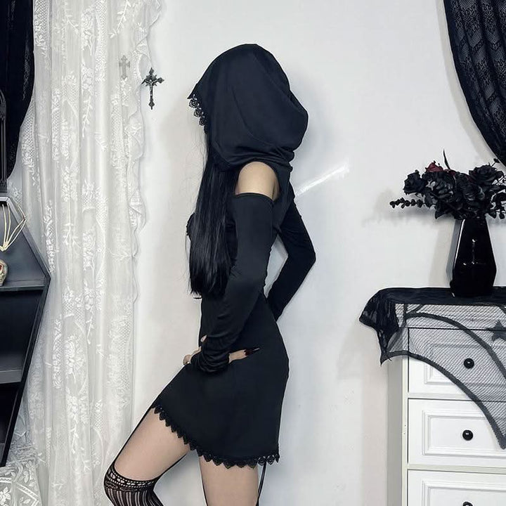 Hoodie long sleeve lace hem embroidery hollow out cut out mini dress  | Festival Outfits Women