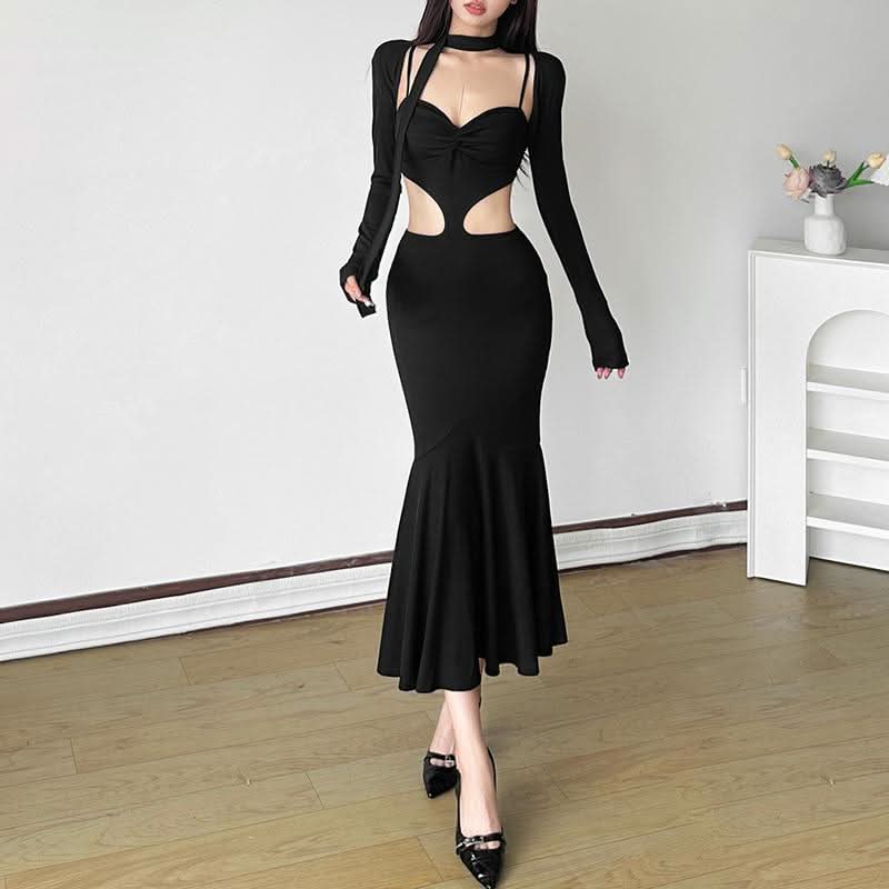 Long sleeve sweetheart neck shrug 2 piece hollow out cut out maxi dress  | Festival Outfits Women