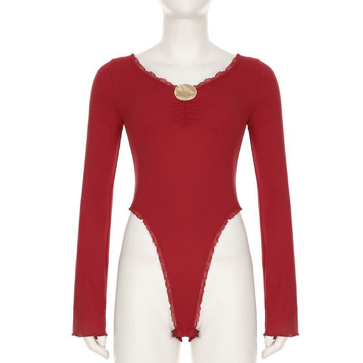 Ruched long sleeve v neck button ruffle bodysuit  | Festival Outfits Women