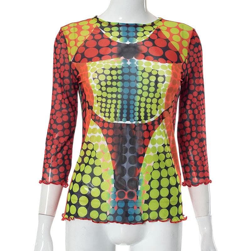 Sheer mesh long sleeve polka dot thermal contrast ruffle 2-way top-final-sale  | Festival Outfits Women