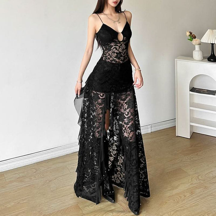 Hollow out v neck lace slit spaghetti strap cut out maxi dress  | Festival Outfits Women