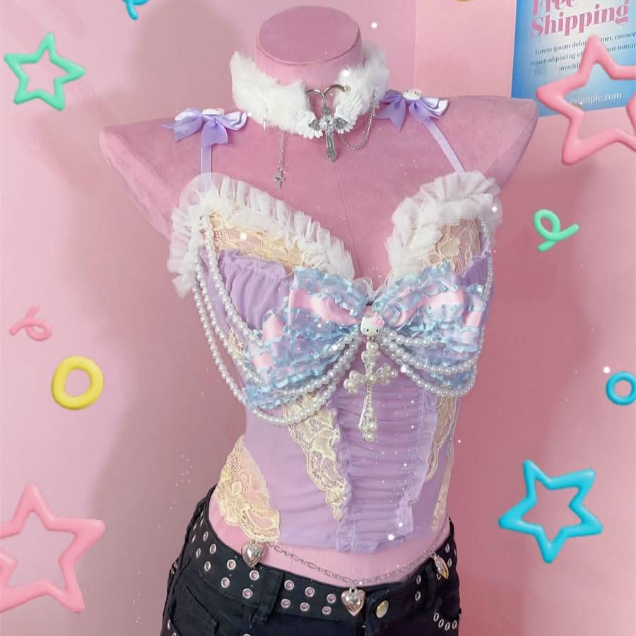 Bowknot beaded "Hello Kitty" pattern mesh cami top  | Festival Outfits Women