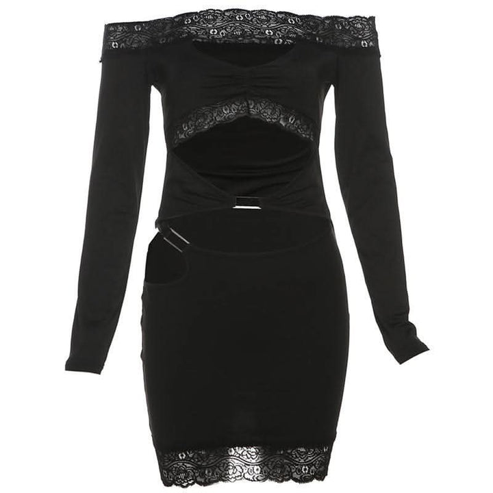 Long sleeve off shoulder lace hem hollow out cut out mini dress-final-sale  | Festival Outfits Women
