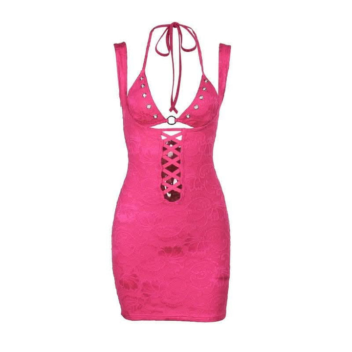 Halter o ring lace up lace backless hollow out solid cut out mini dress-final-sale  | Festival Outfits Women