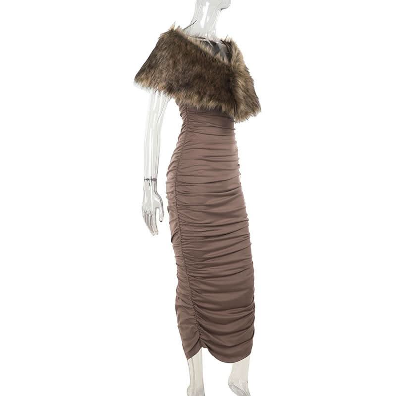Ruched fluffy shrug slit cami maxi dress  | Festival Outfits Women-final-sale