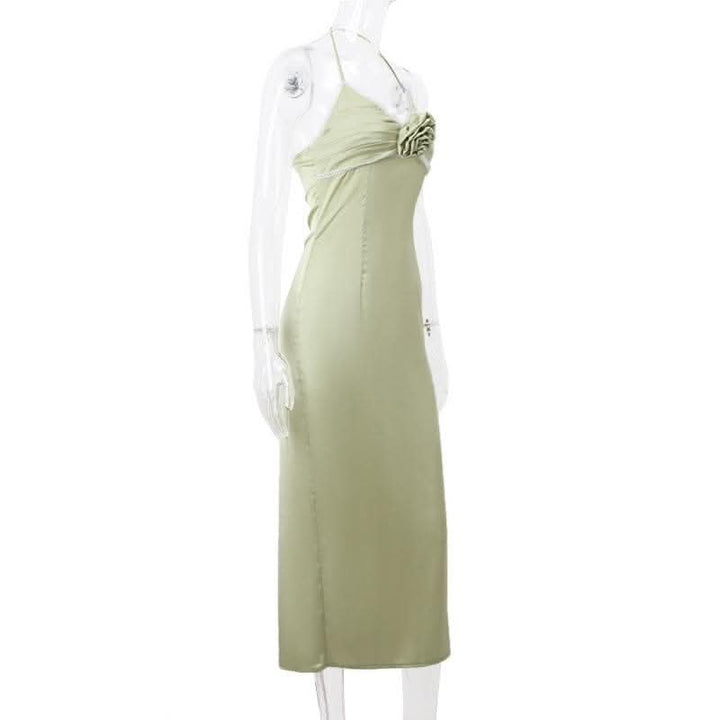 Flower applique zip-up halter ruched slit solid midi dress-final-sale  | Festival Outfits Women