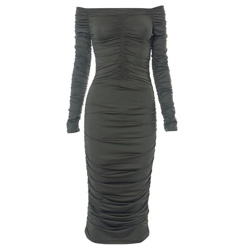 Off shoulder long sleeve ruched solid midi dress-final-sale  | Festival Outfits Women