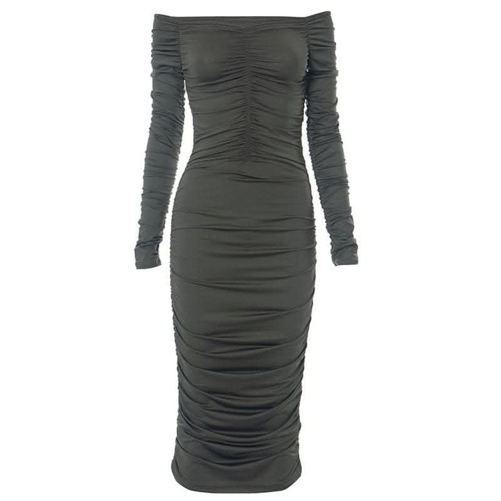 Off shoulder long sleeve ruched solid midi dress-final-sale  | Festival Outfits Women