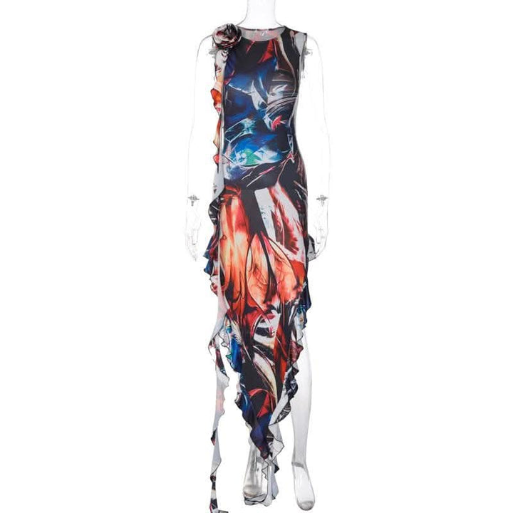 Ribbon sleeveless flower applique contrast print maxi dress-final-sale  | Festival Outfits Women
