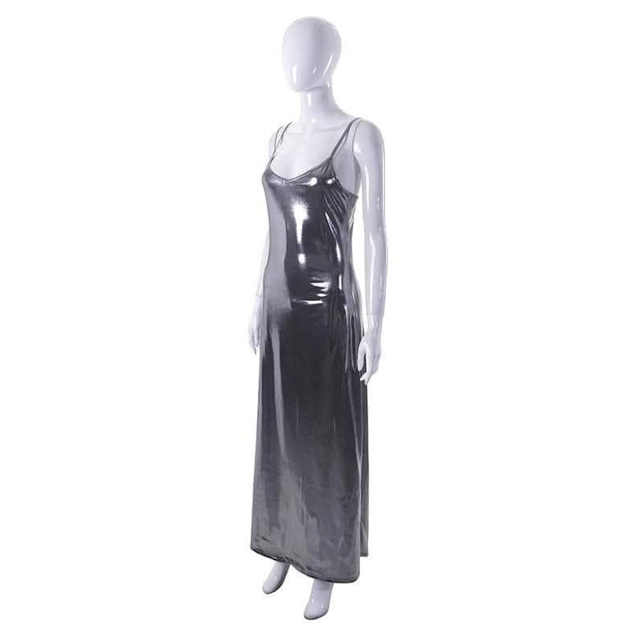 Metallic v neck backless solid low cut cami maxi dress-final-sale  | Festival Outfits Women