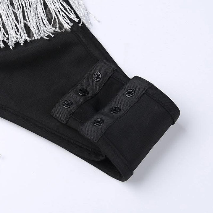 Irregular mesh see through tassels contrast backless cami bodysuit-final-sale  | Festival Outfits Women