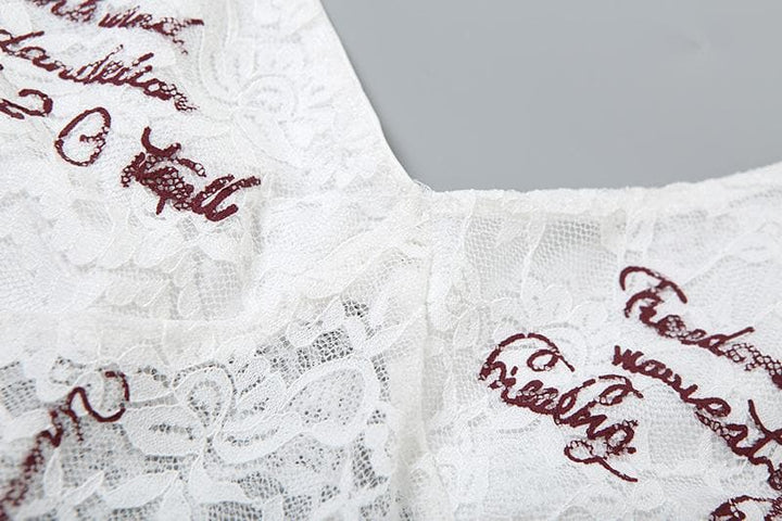 Lace v neck letter print button cami bodysuit  | Festival Outfits Women